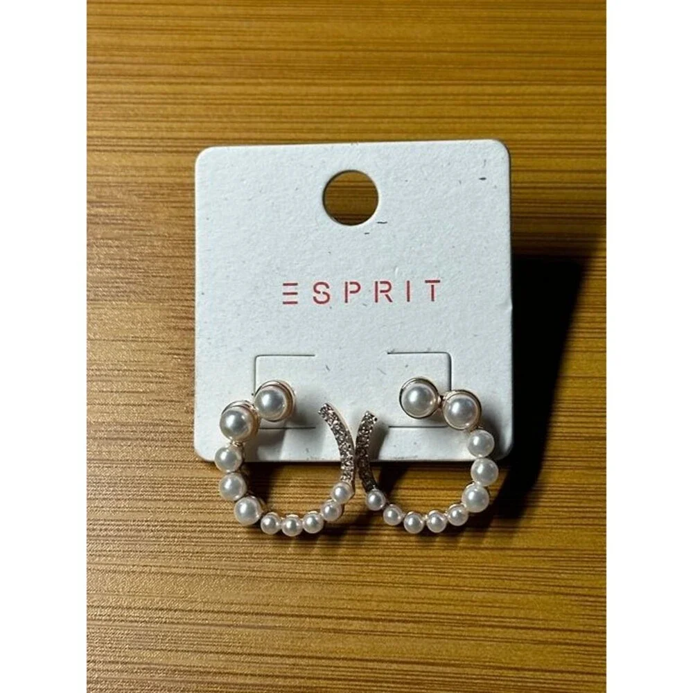 ESPRIT Gold Tone Pearl Rhinestone Hoop Earrings Crescent Style Boho New Pair